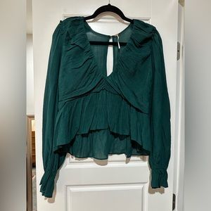 Free People Daia Top Garden Gem Emerald Green Cropped Blouse Open Back Ruffle